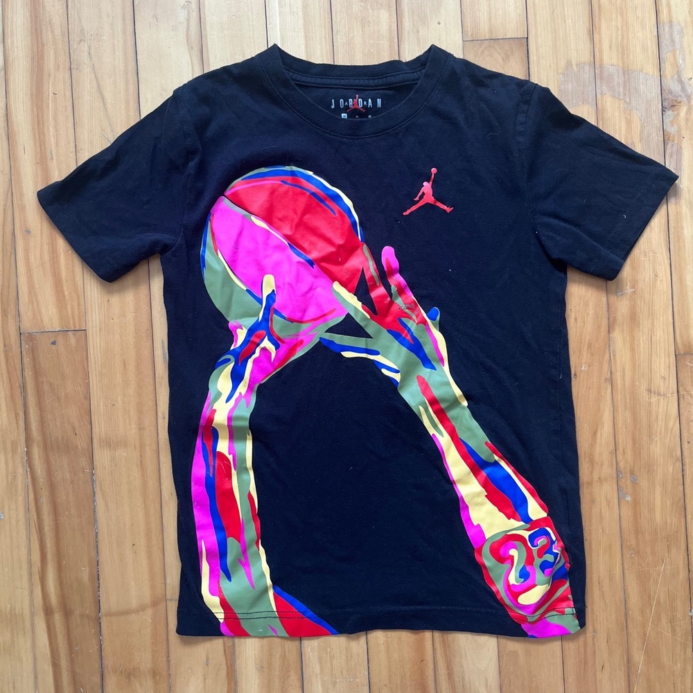 Kids Jordan Graphic T Shirt Black Basketball Graphic Print Size Medium 10 12